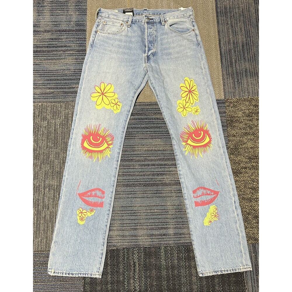 Levi's 501 Jeans Men 34x36 Blue Denim Pants Original Fit Straight Leg Floral Eye